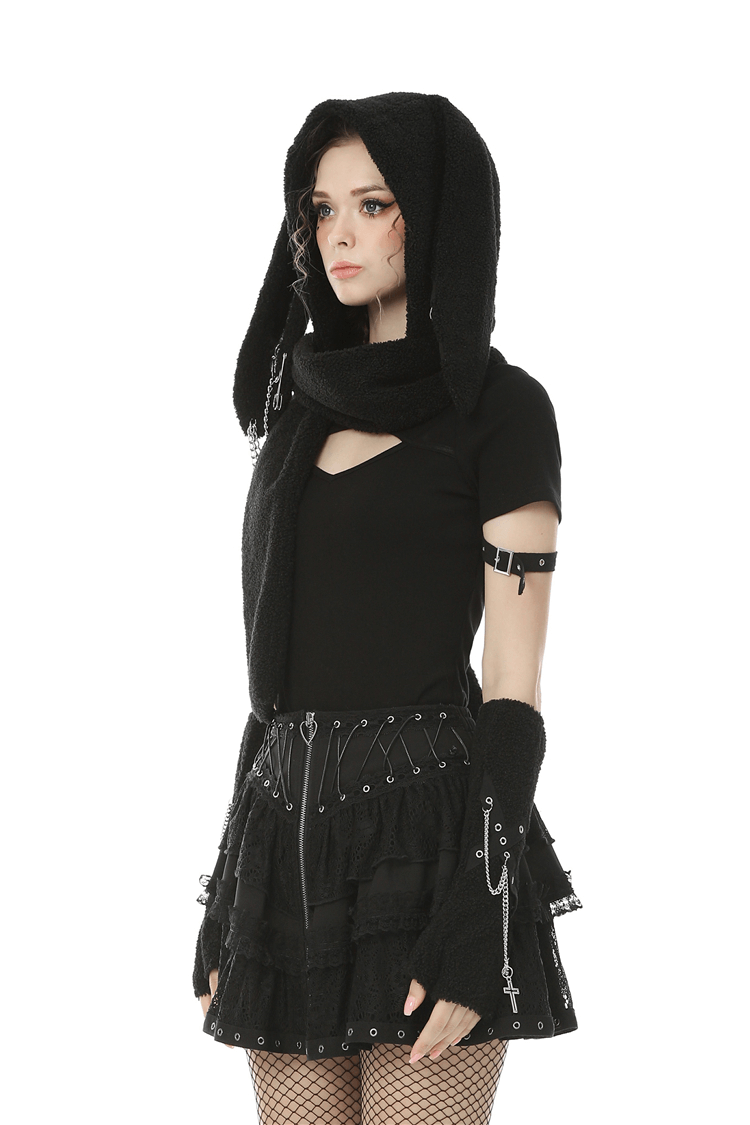 Black Gothic Bunny Ears Warm Hooded Scarf With Chain