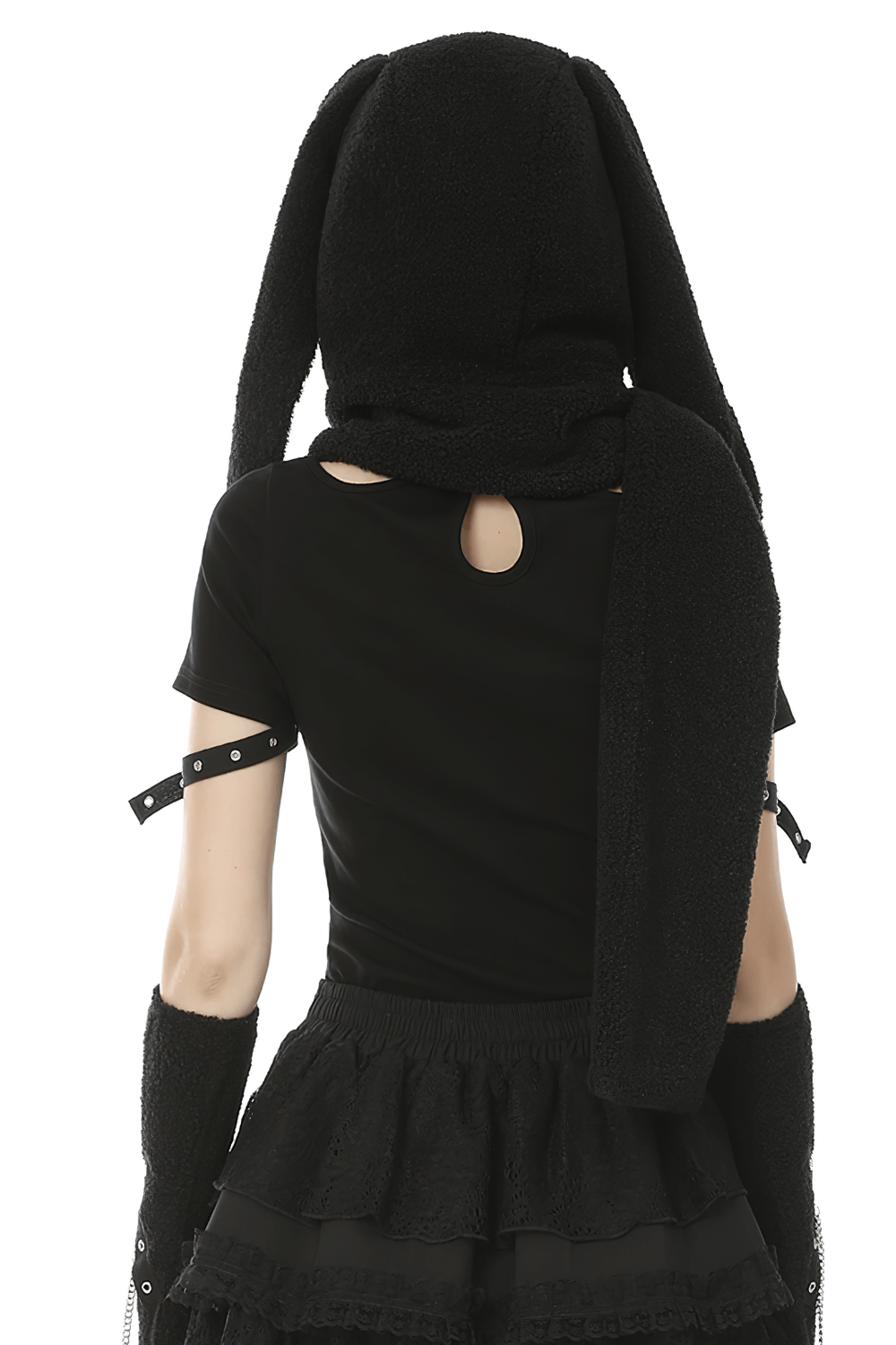 Back view of a model wearing a black gothic bunny ear hooded scarf with chains, showcasing punk style fashion.