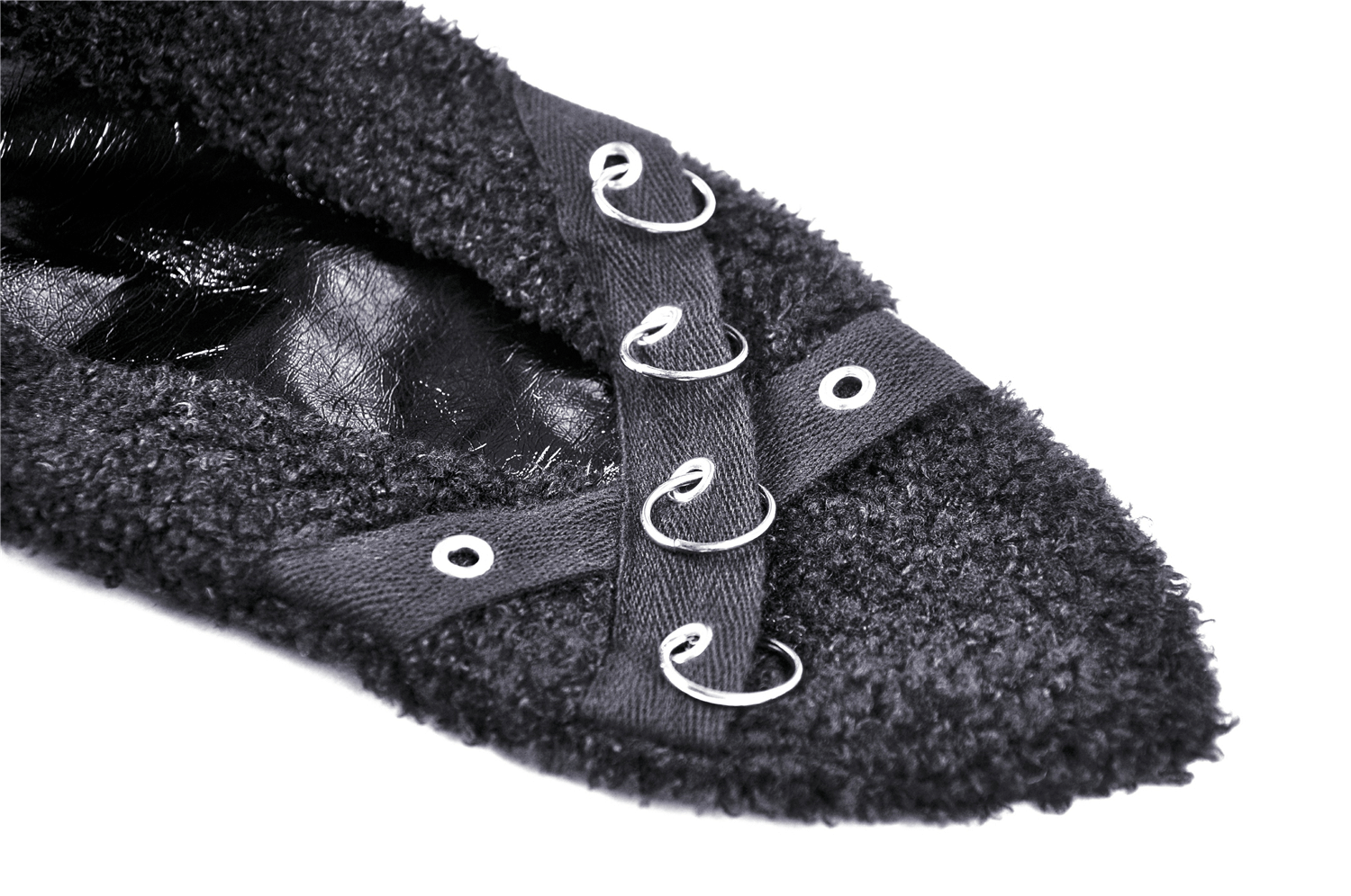 Close-up of black gothic rabbit ear scarf showing chain detailing and plush texture, perfect for punk winter style.