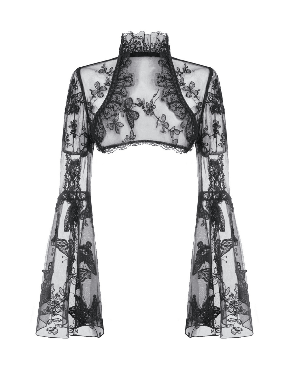 Black Gothic Butterfly Lace Bell Sleeved Bolero with intricate lace detailing and elegant bell sleeves.