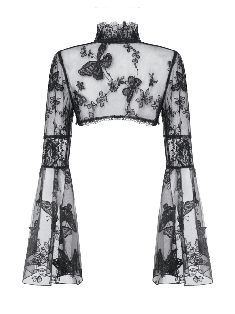 Black Gothic Butterfly Lace Bell Sleeved Bolero featuring intricate butterfly designs and elegant bell sleeves.