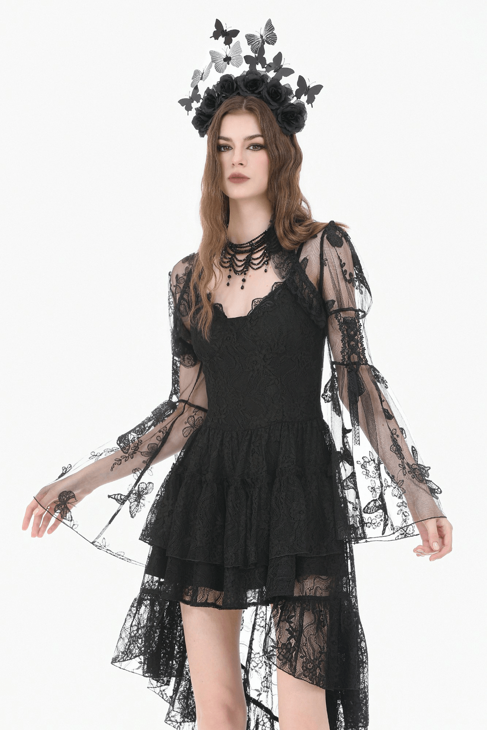 Model wearing a Black Gothic Butterfly Lace Bell Sleeved Bolero with sheer sleeves and lace details.