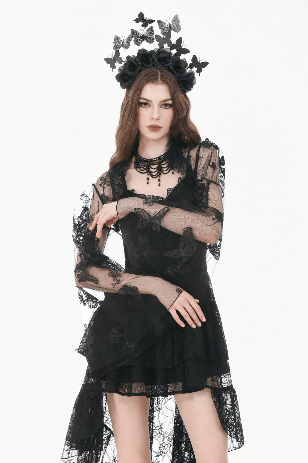 Model wearing a Black Gothic Butterfly Lace Bell Sleeved Bolero with intricate lace details and butterfly motifs.
