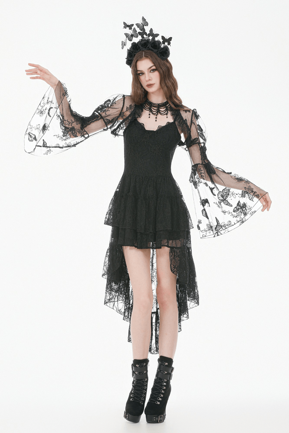 Black Gothic Butterfly Lace Bell Sleeved Bolero showcasing intricate lace details and elegant bell sleeves