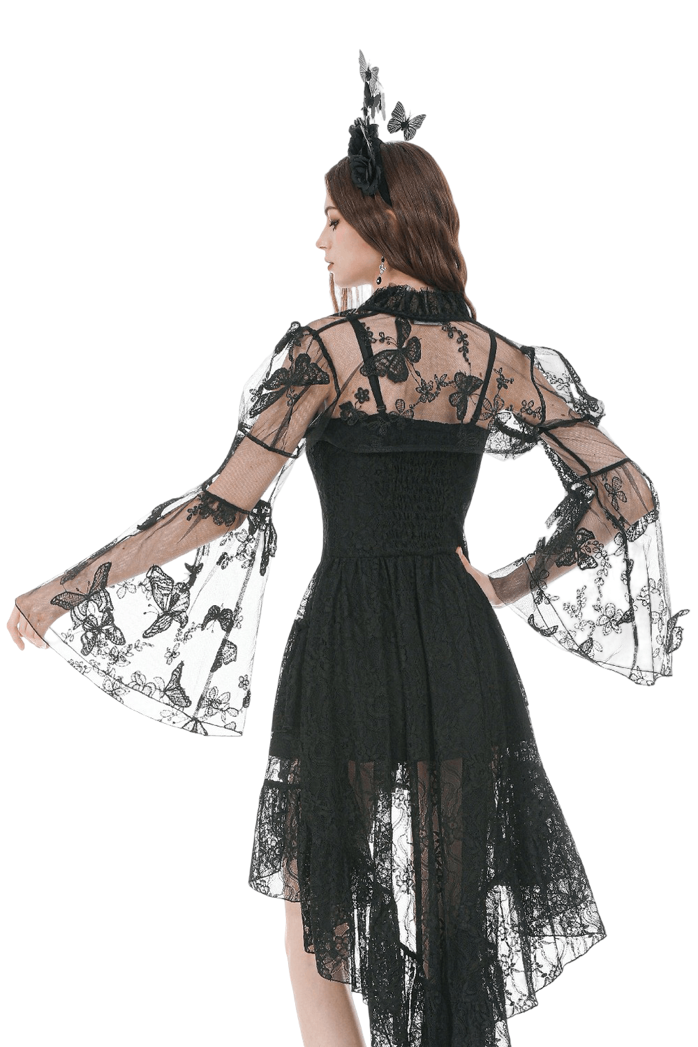 Back view of a model in a Black Gothic Butterfly Lace Bell Sleeved Bolero with intricate lace details and bell sleeves.