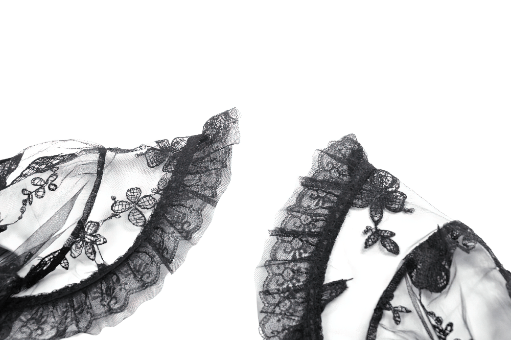 Black Gothic Butterfly Lace Bell Sleeved Bolero details featuring intricate lace and ruffled edges.
