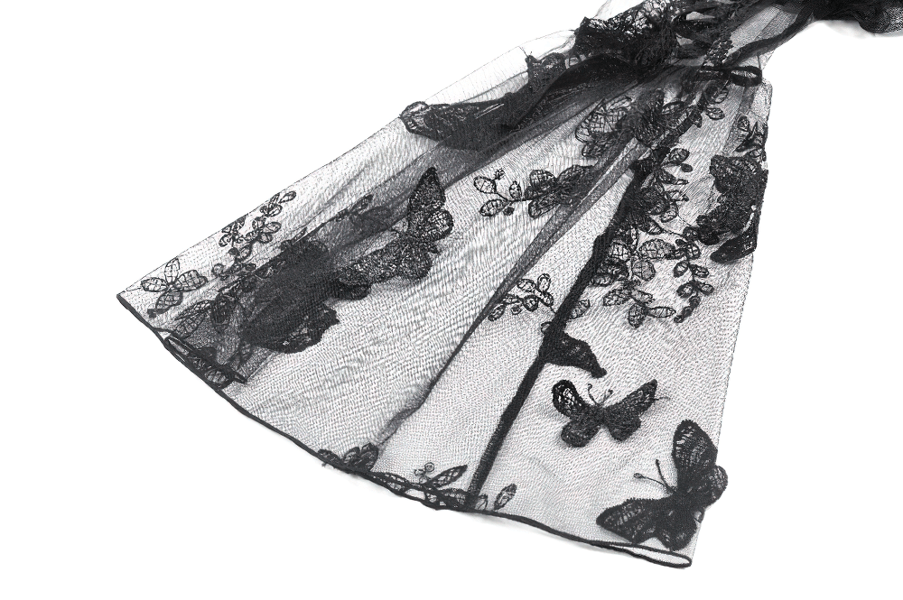 Black Gothic Butterfly Lace Bell Sleeved Bolero with intricate butterfly and floral lace detailing.