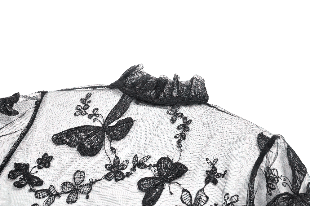 Black Gothic Butterfly Lace Bell Sleeved Bolero with elegant lace detailing and unique butterfly design.