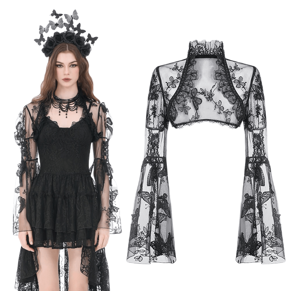 Black Gothic Butterfly Lace Bell Sleeved Bolero showcased on a model with dramatic black lace and butterfly details.