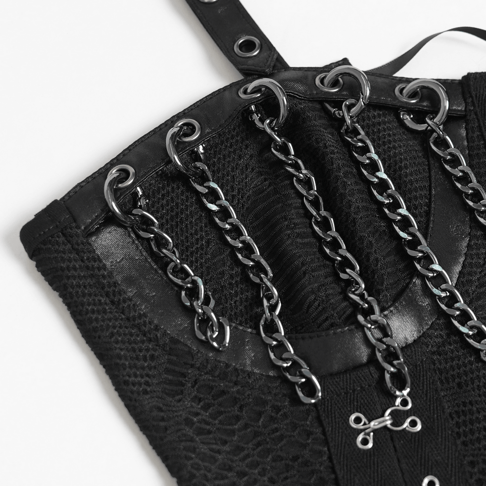 Schwarzes gotisches Ketten-Bustier-Top mit Schnürung am Rücken