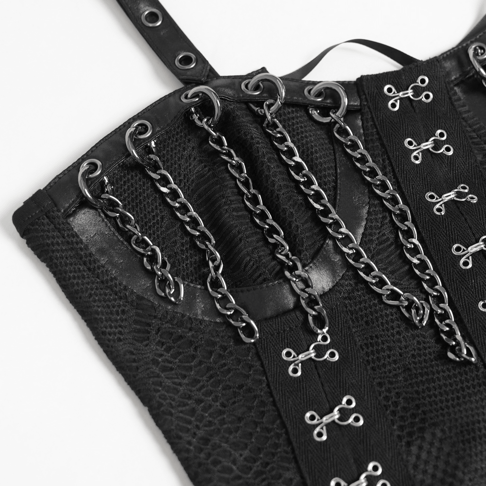 Schwarzes gotisches Ketten-Bustier-Top mit Schnürung am Rücken