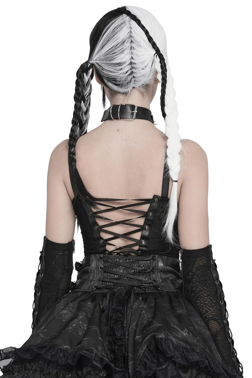 Schwarzes gotisches Ketten-Bustier-Top mit Schnürung am Rücken