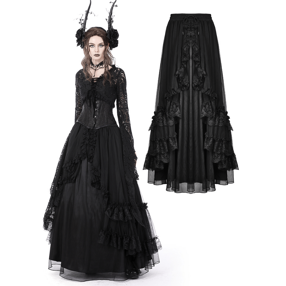 Victorian-inspired black gothic high-low skirt with lace accents, perfect for dark romantic styling.