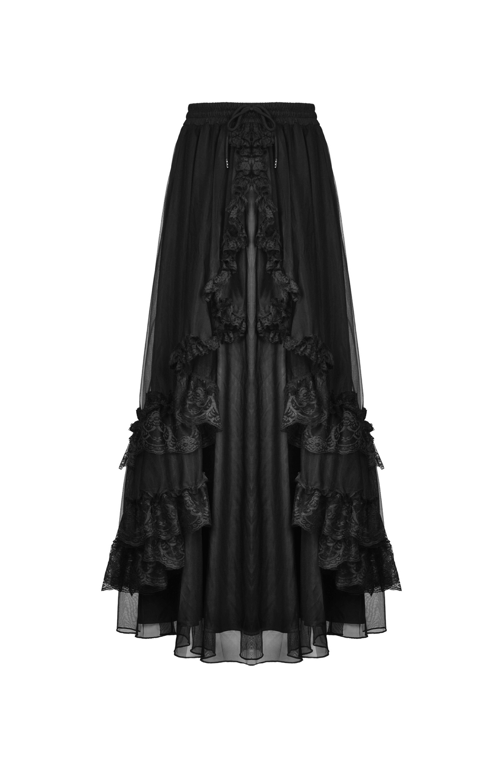 Black gothic chiffon high-low skirt with lace accents and dramatic ruffles, ideal for a Victorian-inspired look.