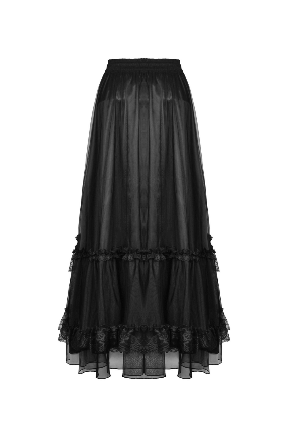 Black Gothic Chiffon High-Low Skirt with Lace Accents