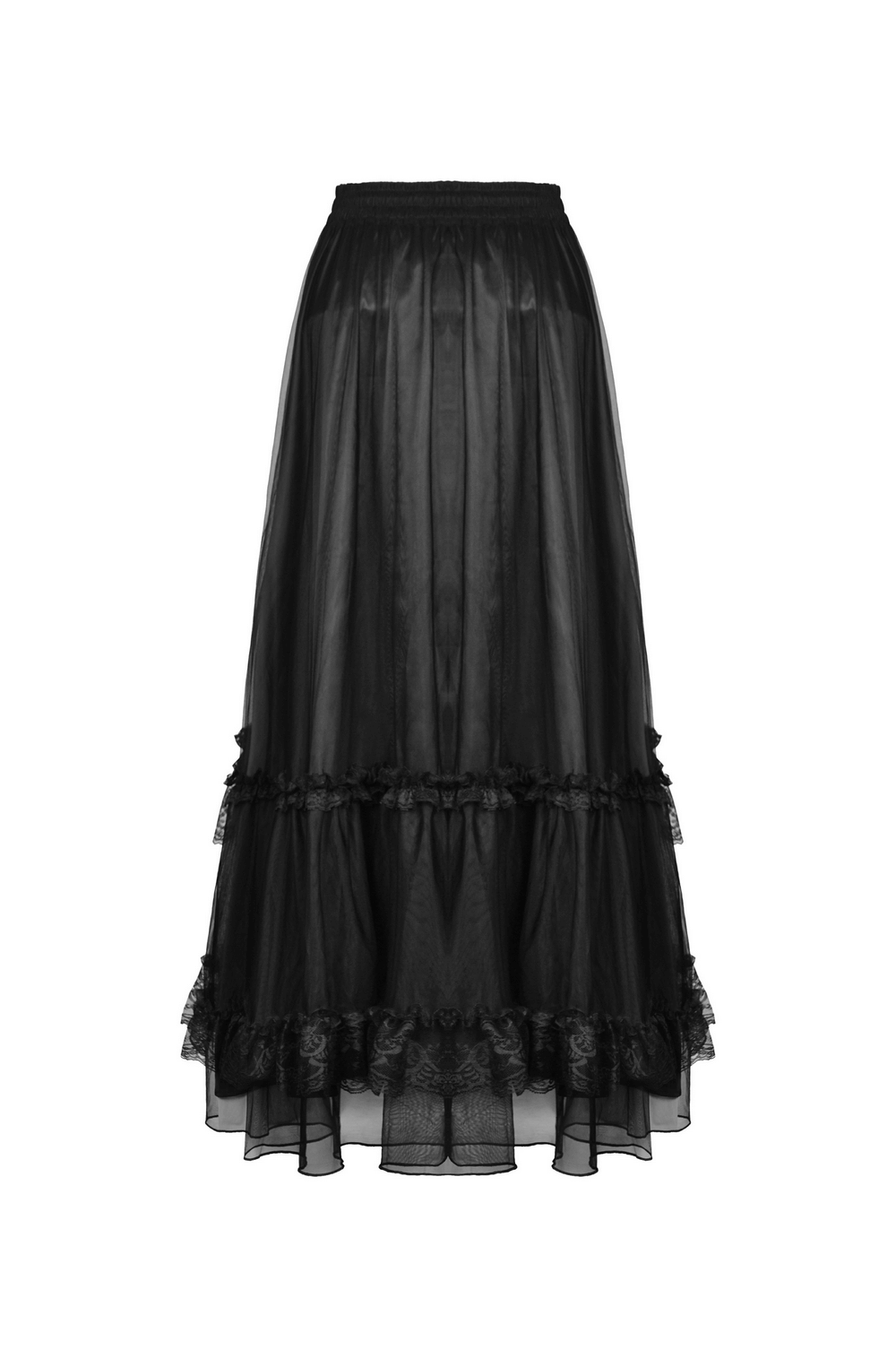 Black gothic high-low chiffon skirt with romantic lace accents, perfect for a Victorian-inspired outfit.