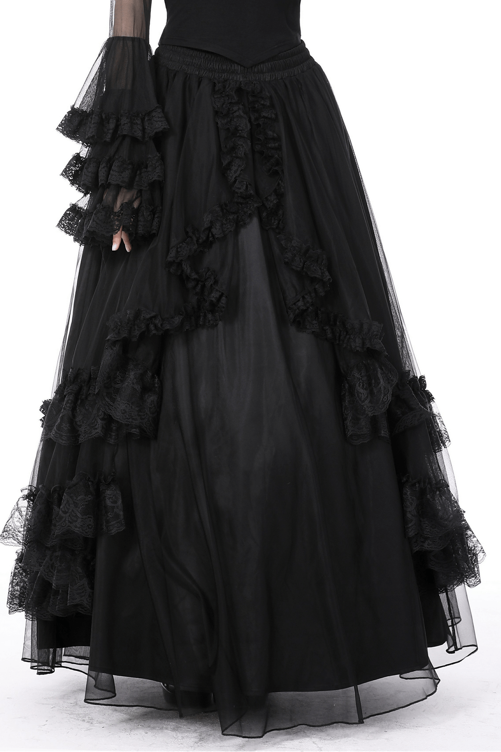 Black Gothic high-low skirt with lace accents and ruffled layers, perfect for Victorian-inspired fashion.