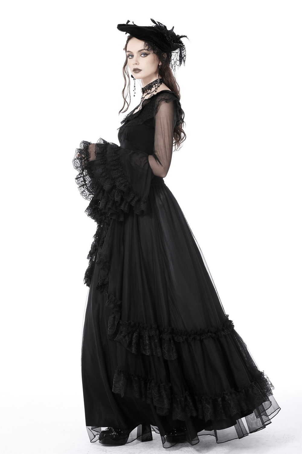 Black Gothic Chiffon High-Low Skirt with Lace Accents