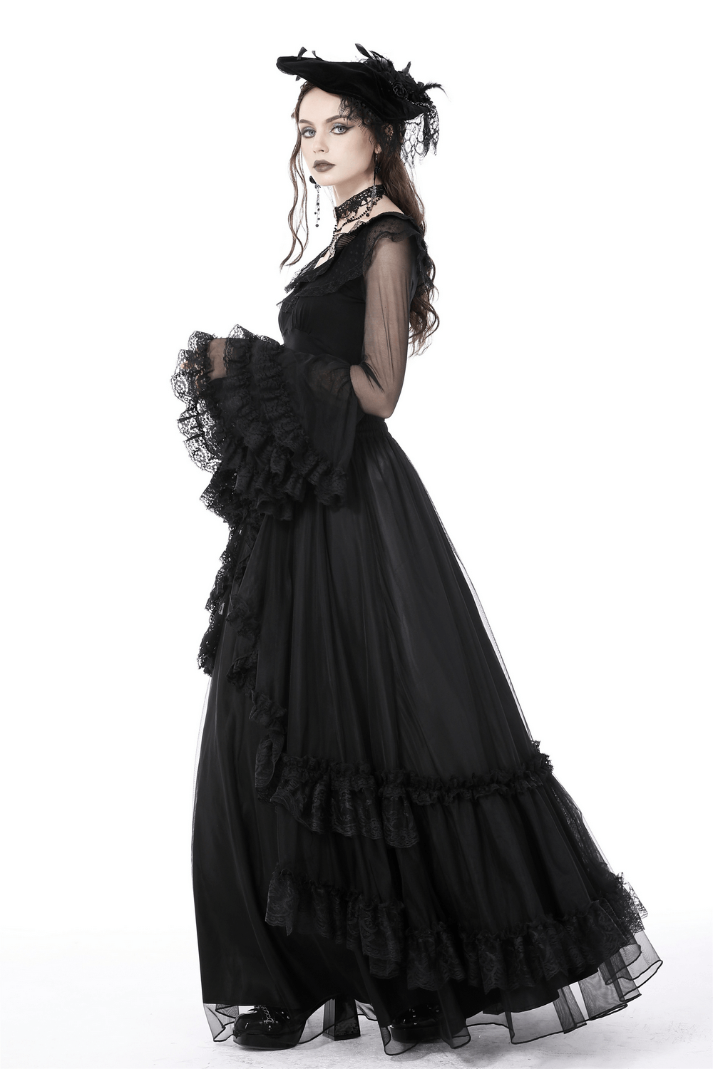 Black gothic chiffon high-low skirt with lace accents, Victorian-inspired elegance, dramatic silhouette.