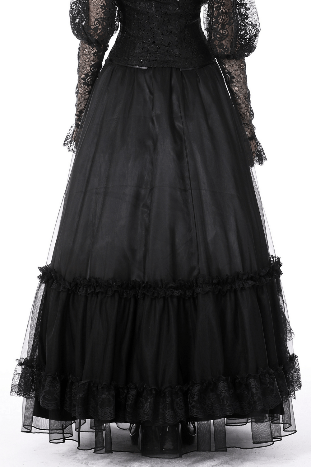 Back view of a black gothic chiffon high-low skirt with lace accents, showcasing Victorian elegance and dramatic silhouette.