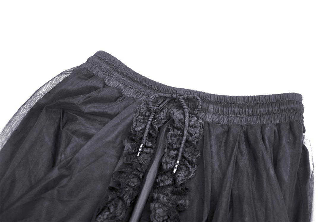Close-up of the waistband of a black gothic chiffon high-low skirt with lace accents and adjustable drawstring.