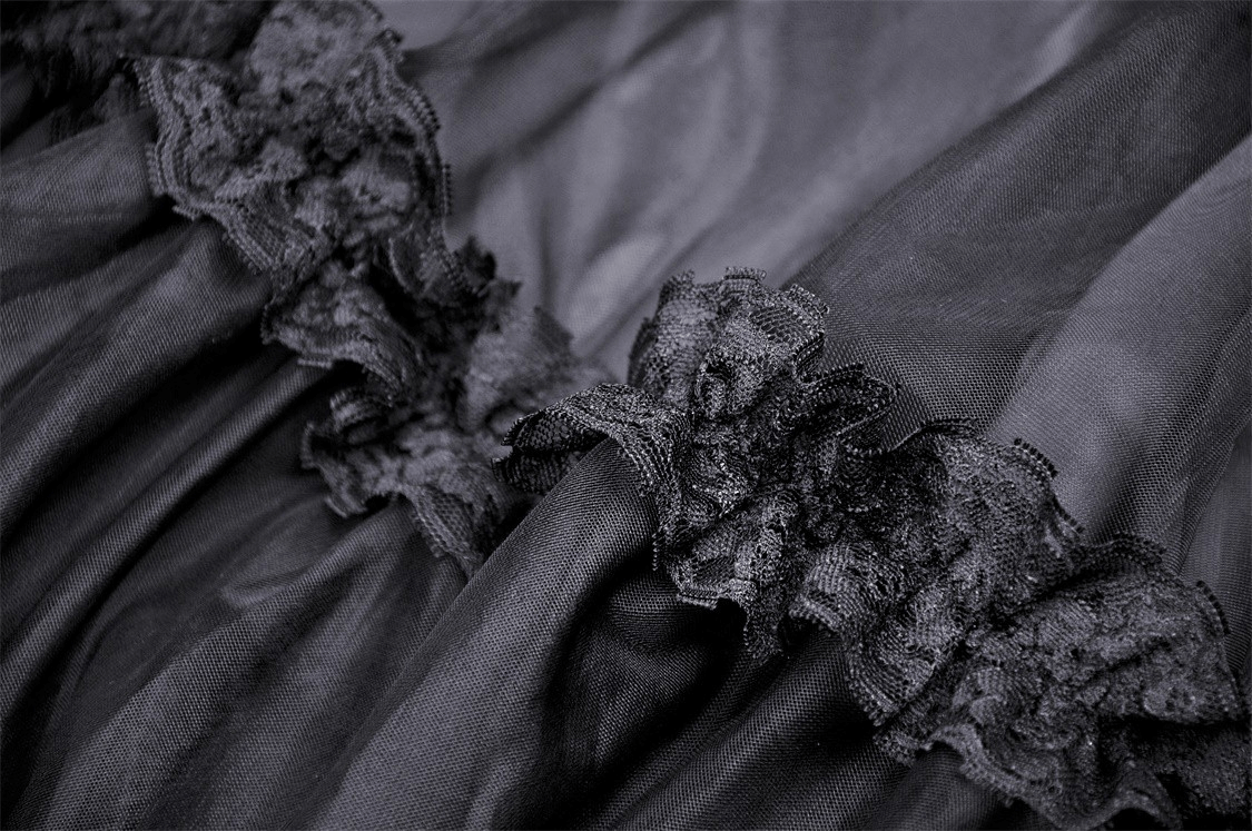 Close-up of black chiffon fabric with delicate lace accents, showcasing gothic elegance and dark romance.