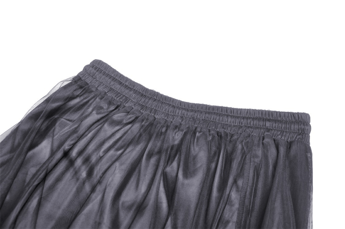 Black chiffon high-low skirt waistband, showcasing elegant drapes and lace accents for a gothic chic look.