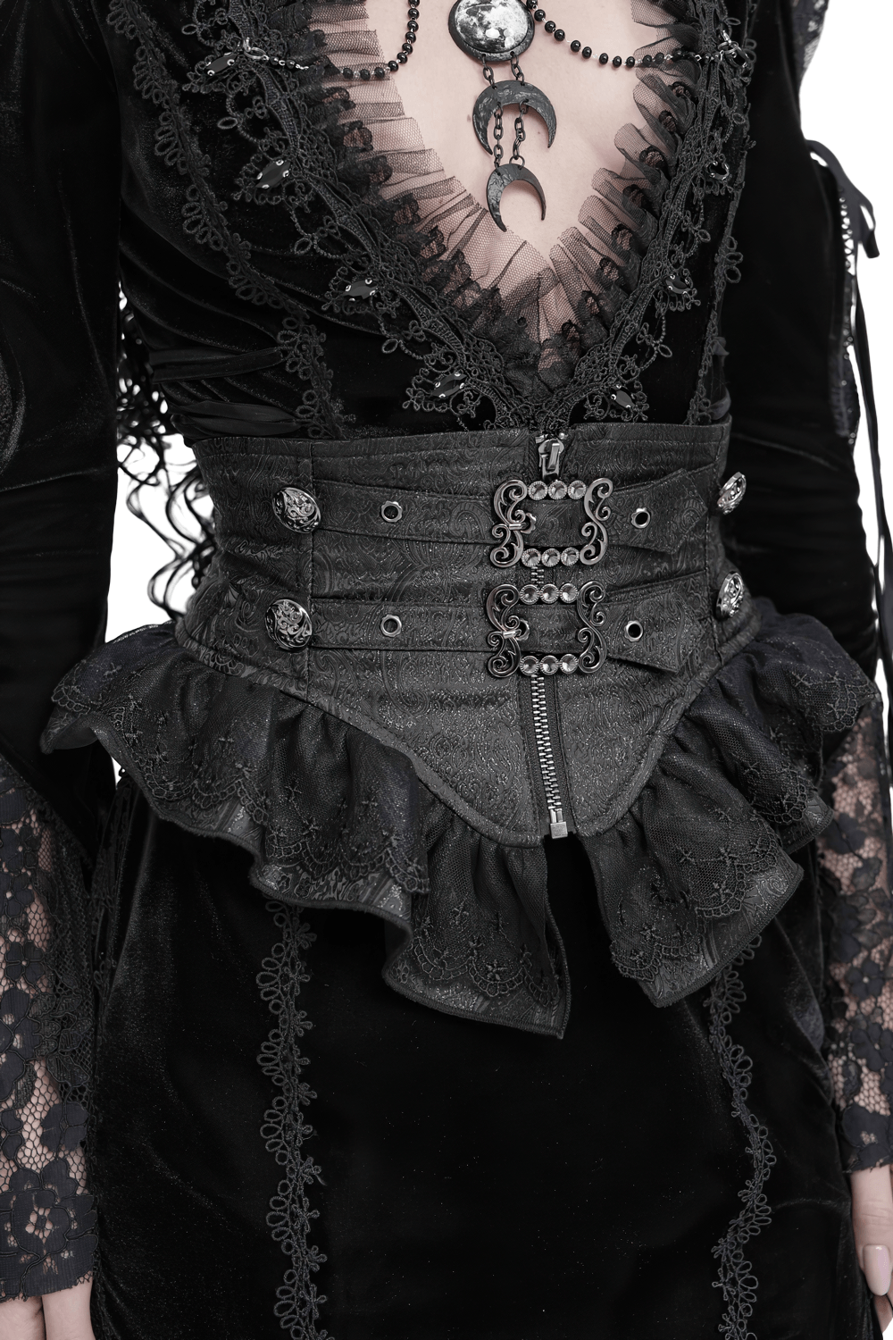 Ceinture corset gothique noire à volants et boucles