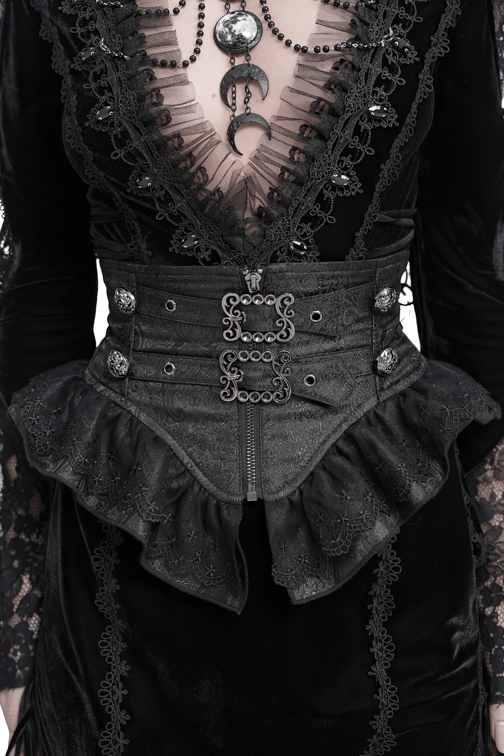 Ceinture corset gothique noire à volants et boucles