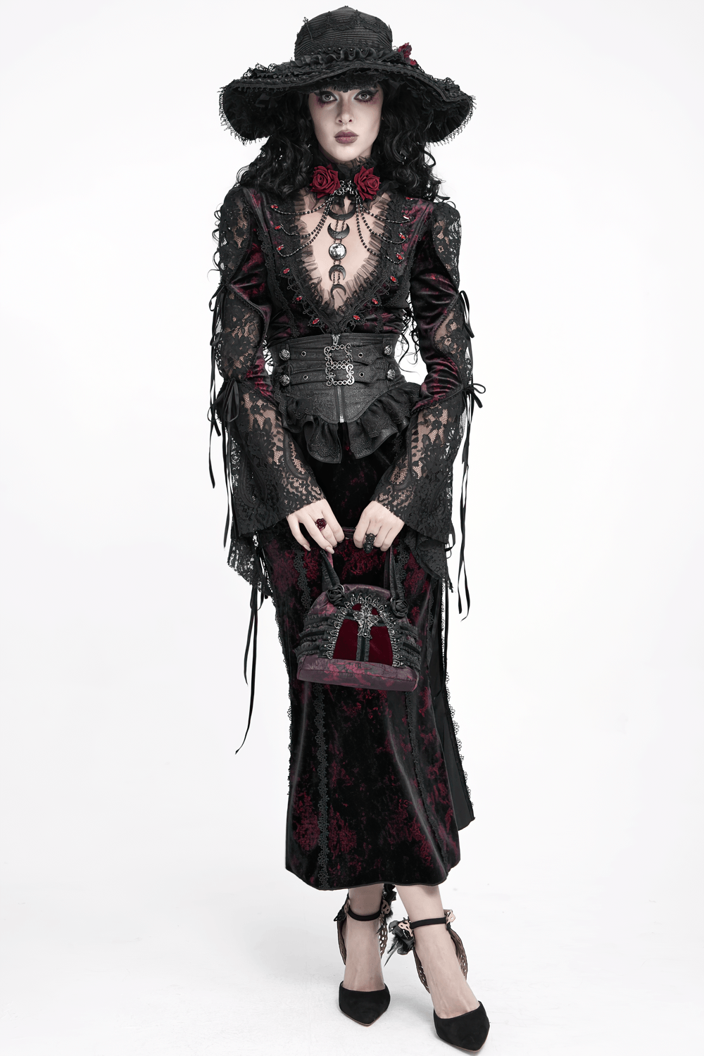 Ceinture corset gothique noire à volants et boucles