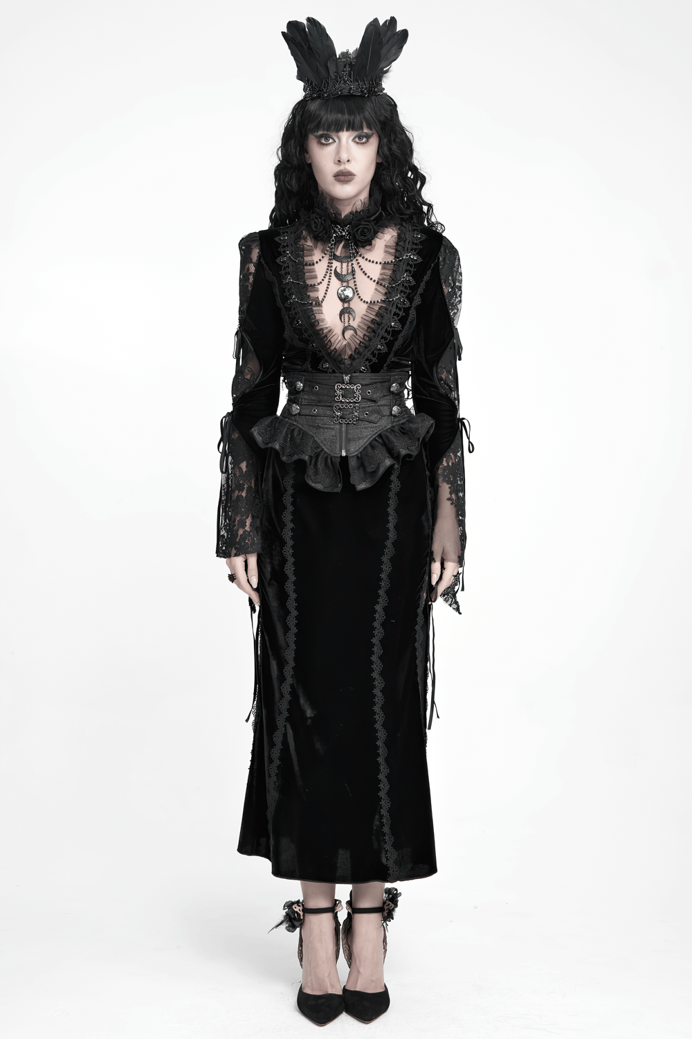 Ceinture corset gothique noire à volants et boucles