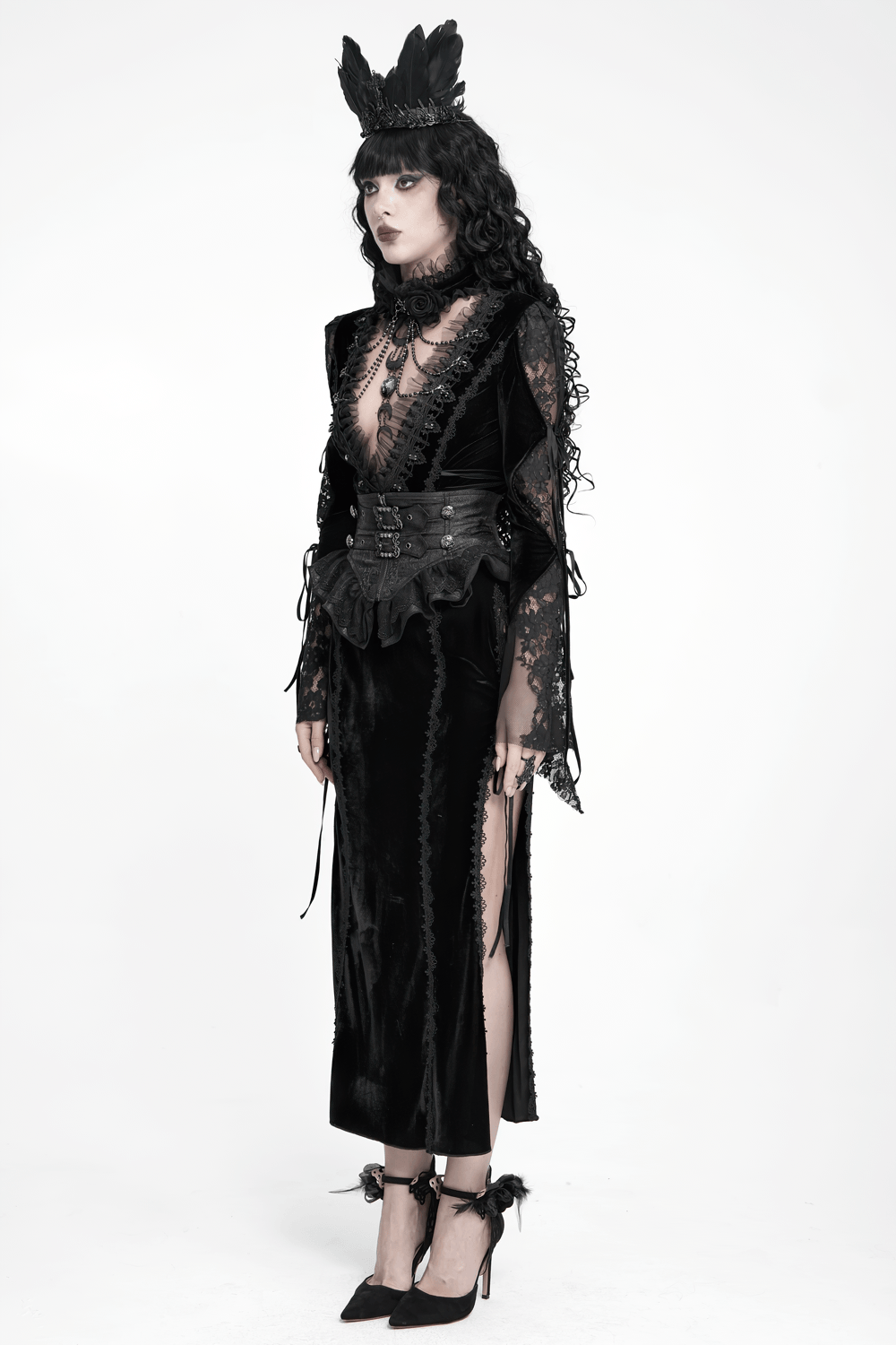 Ceinture corset gothique noire à volants et boucles