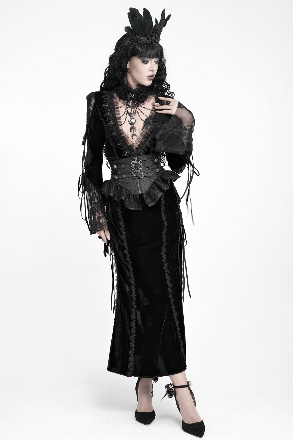 Ceinture corset gothique noire à volants et boucles