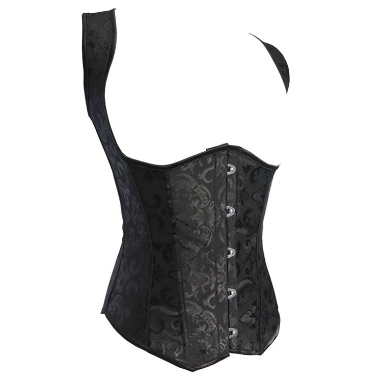Black Gothic corset for women with lace inlay and front hooks, perfect for alternative fashion and accentuating curves.