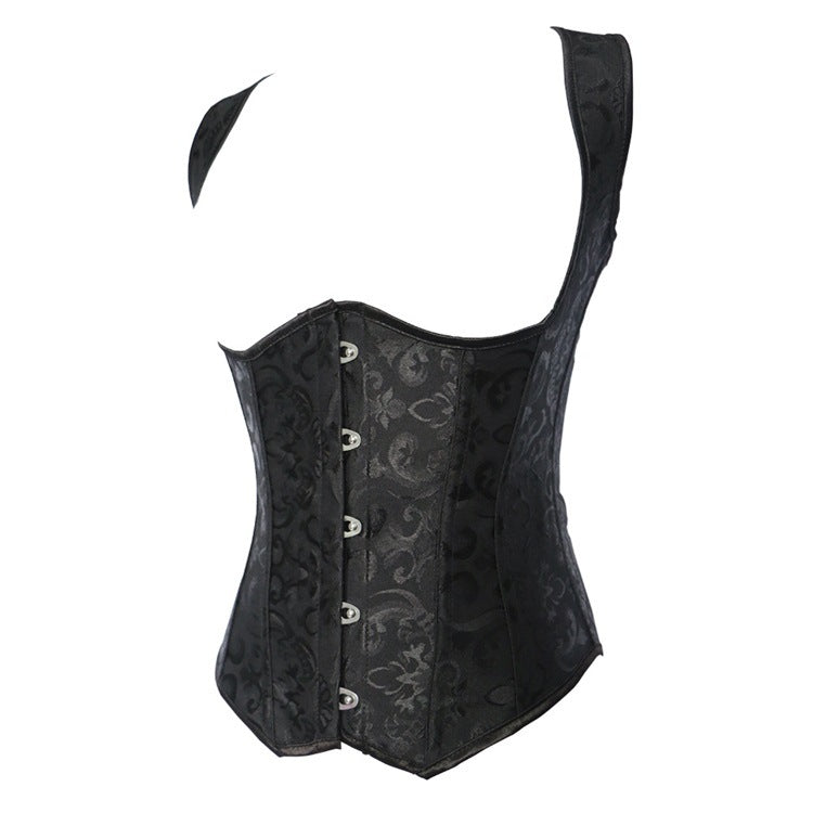 Black gothic corset for women featuring intricate lace inlay and adjustable front hooks, perfect for alternative looks.