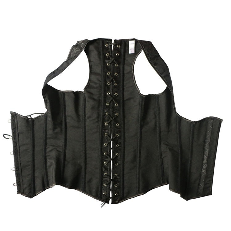 Black gothic corset for women with lace inlay and adjustable hooks, perfect for alternative fashion.