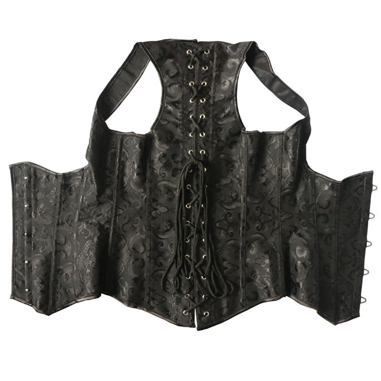 Black gothic corset for women featuring lace inlay and adjustable front hooks, perfect for alternative fashion.