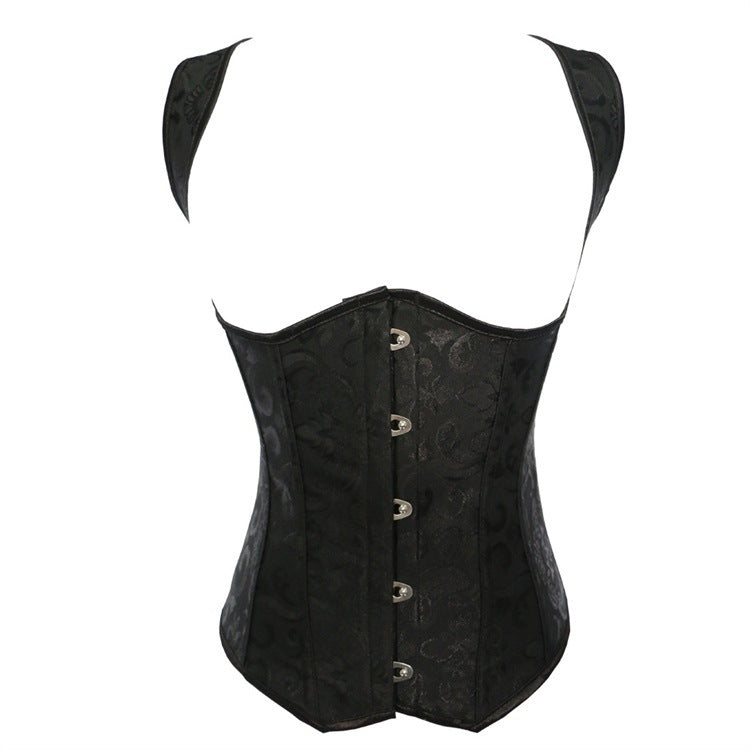 Back view of a black gothic corset for women featuring elegant lace inlay and adjustable front hooks.