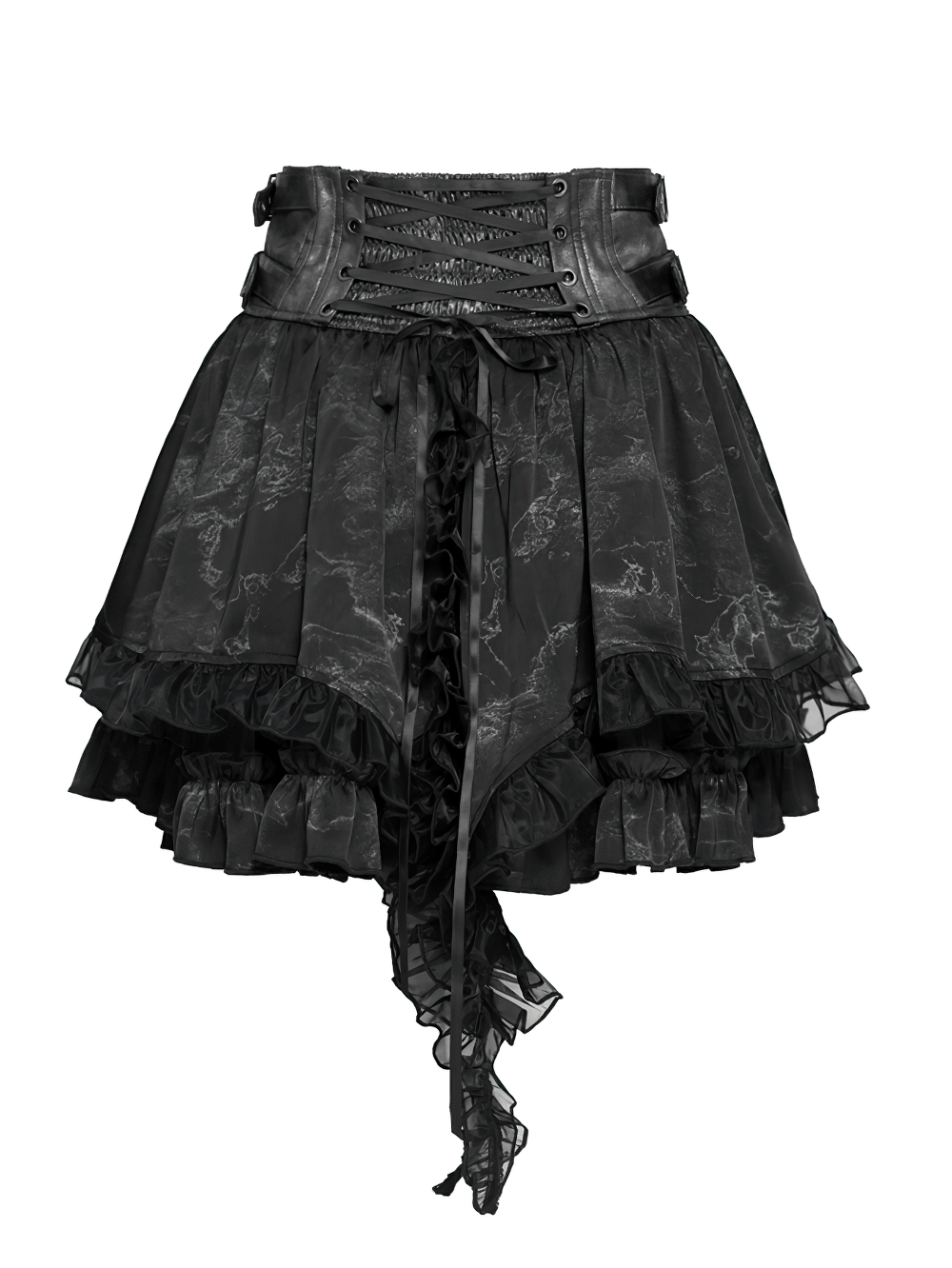 Black Gothic Corset Ruffle Mini Skirt with Chains featuring lace-up waist and layered ruffles.