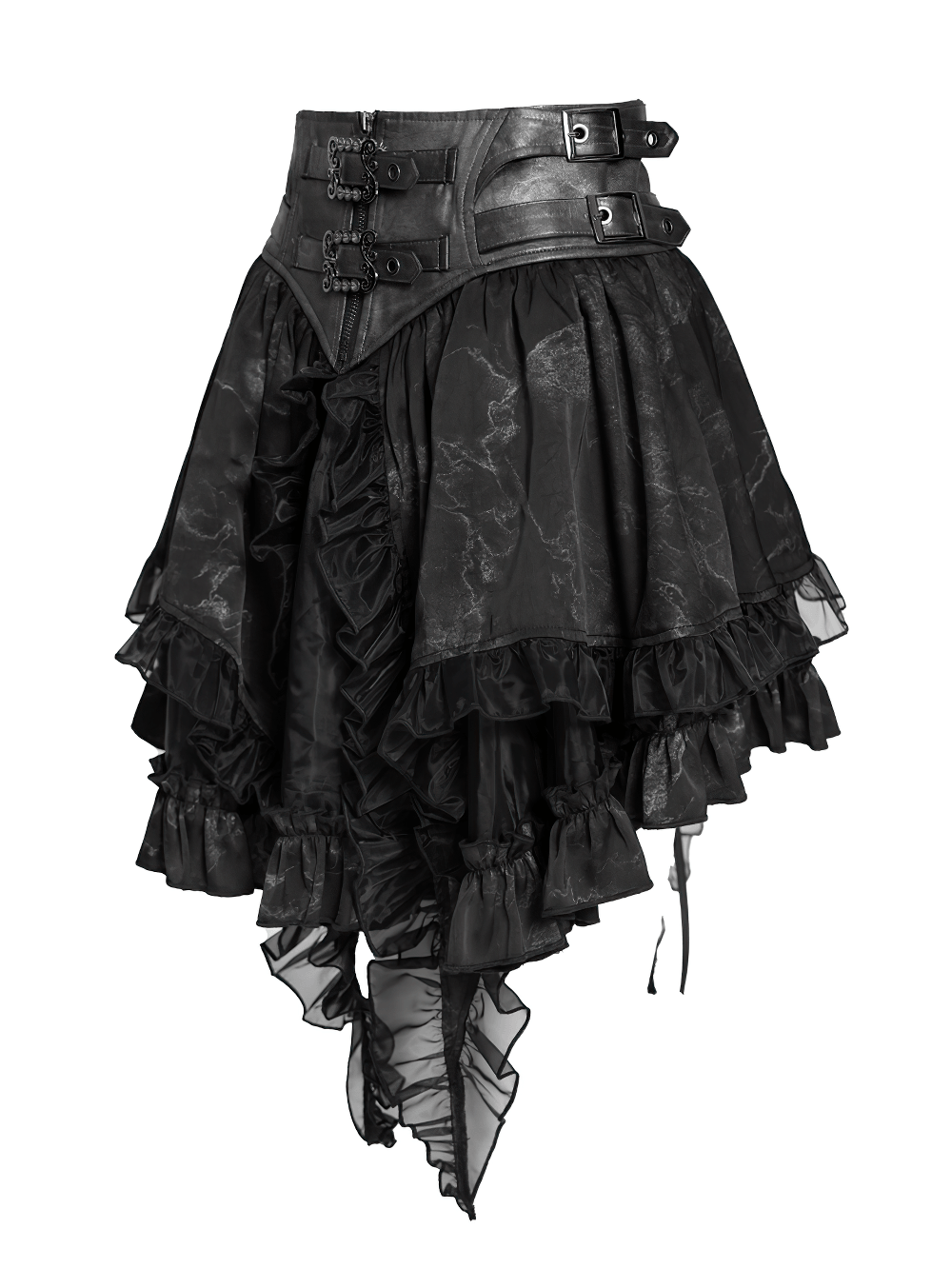 Black Gothic Corset Ruffle Mini Skirt with Chains featuring layered ruffles and corset-inspired design.