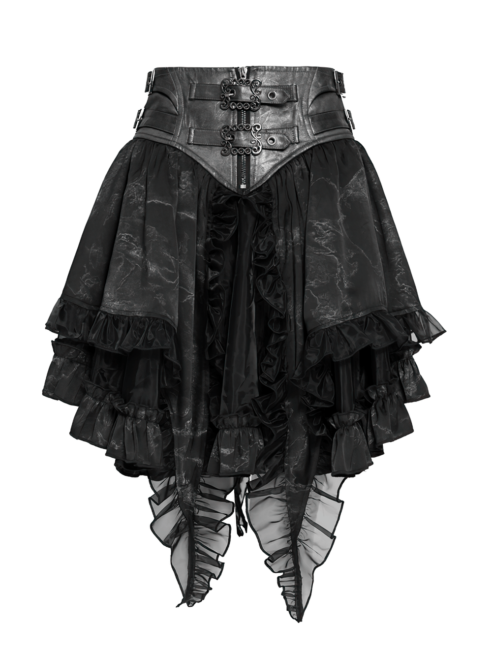 Black Gothic Corset Ruffle Mini Skirt with Chains featuring layered ruffles and lace-up waist detail.