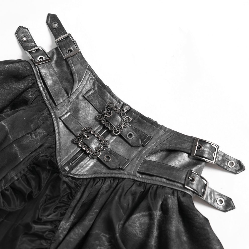 Black Gothic Corset Ruffle Mini Skirt with Chains corset waist detail showcasing buckle accents and layered fabric.