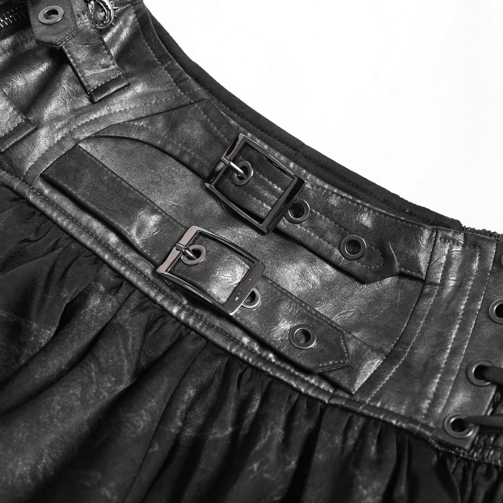 Black Gothic Corset Ruffle Mini Skirt with Chains waistband featuring buckle accents and lace-up detail.