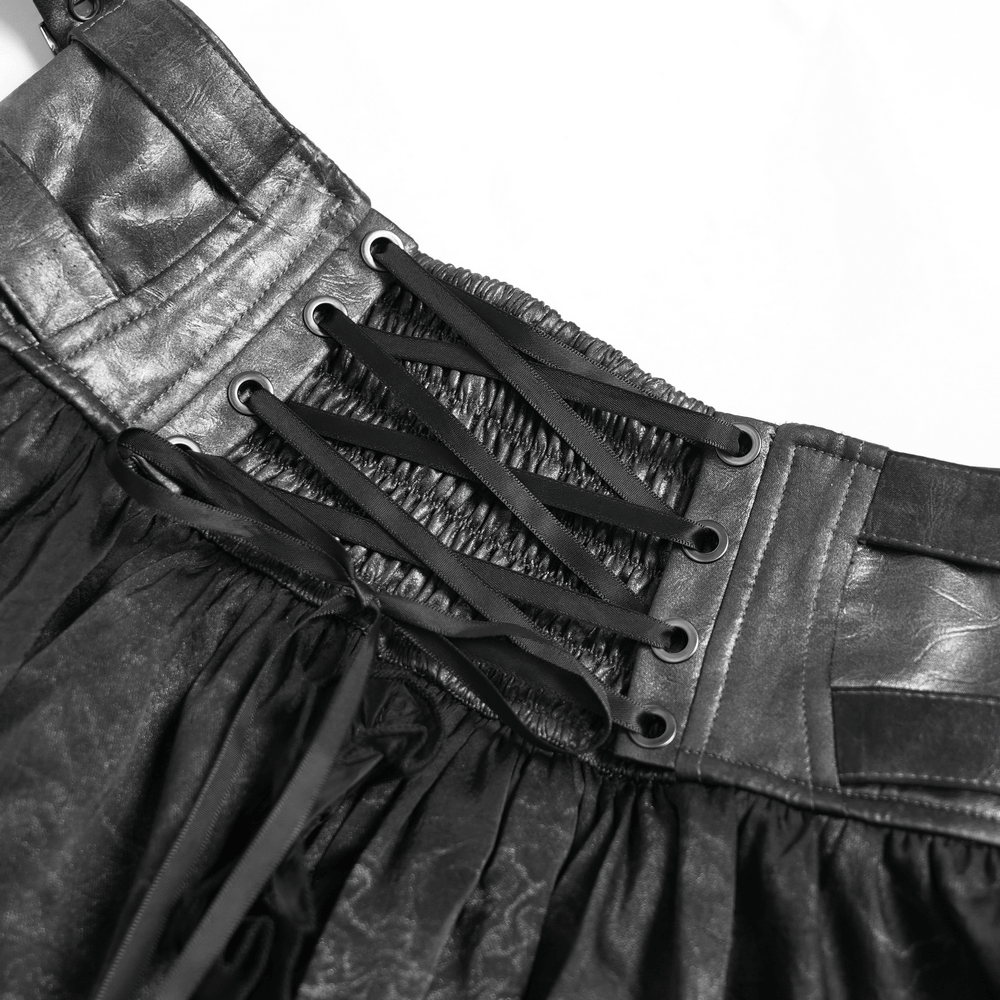 Black Gothic Corset Ruffle Mini Skirt with Chains lace-up waist detail, showcasing a dramatic black gothic design.