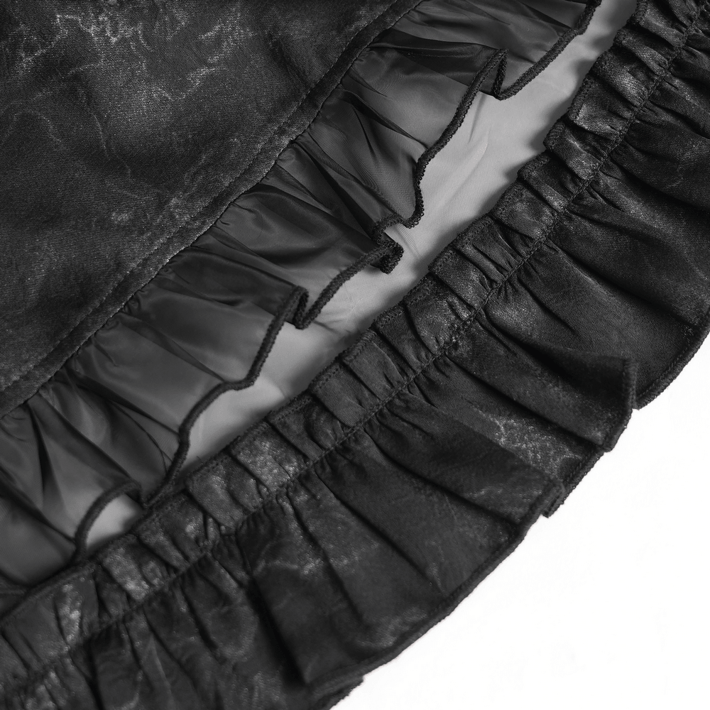 Close-up of Black Gothic Corset Ruffle Mini Skirt with Chains, showcasing layered ruffles and sheer tulle panels.
