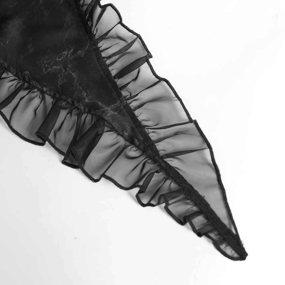 Black Gothic Corset Ruffle Mini Skirt with Chains close-up showcasing layered ruffles and sheer tulle panels.