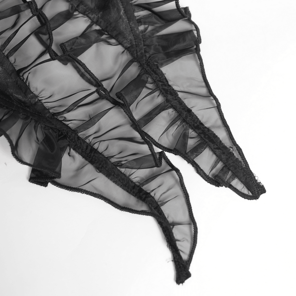 Black Gothic Corset Ruffle Mini Skirt with Chains featuring layered ruffles and sheer tulle panels.