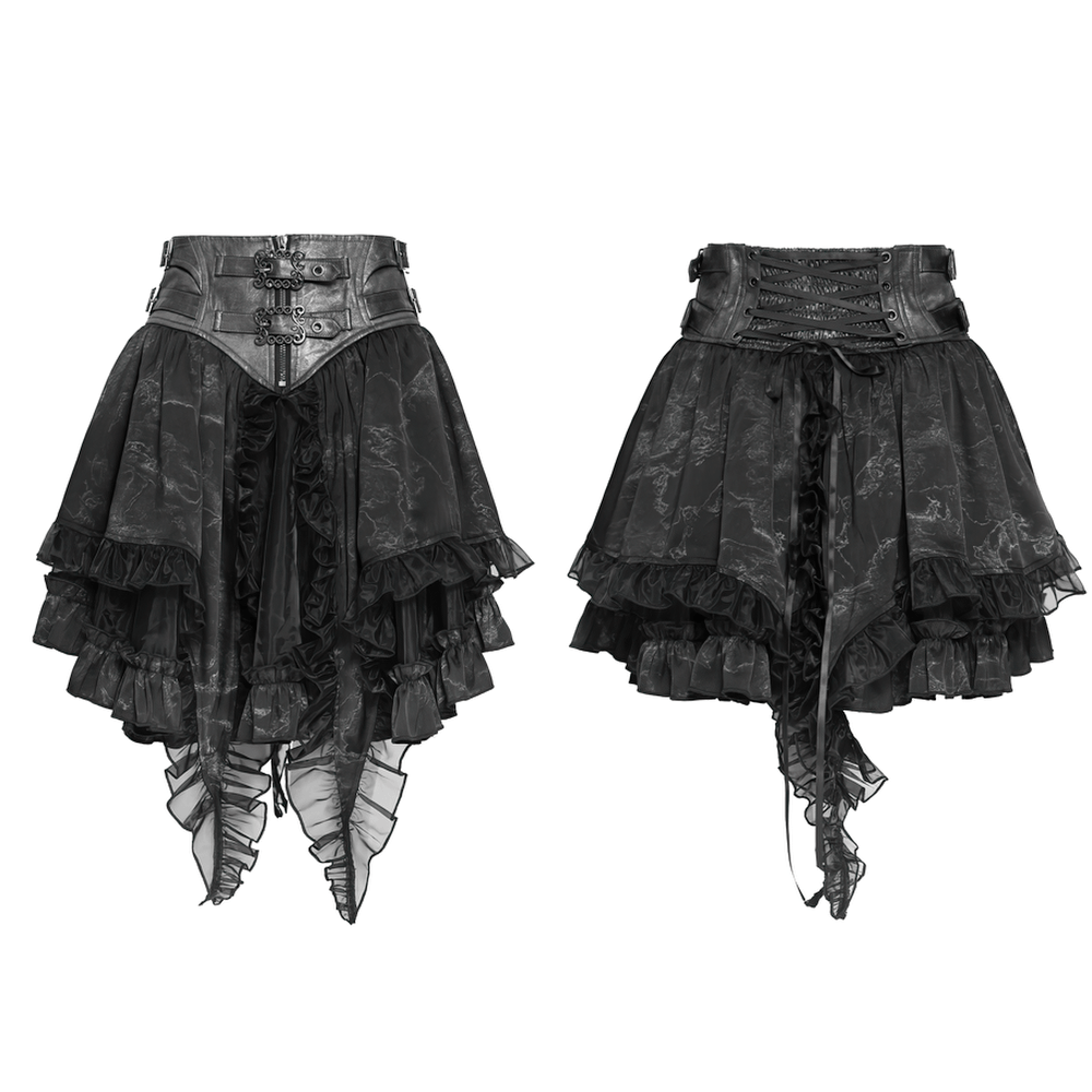 Black Gothic Corset Ruffle Mini Skirt with Chains featuring layered ruffles and lace-up details.