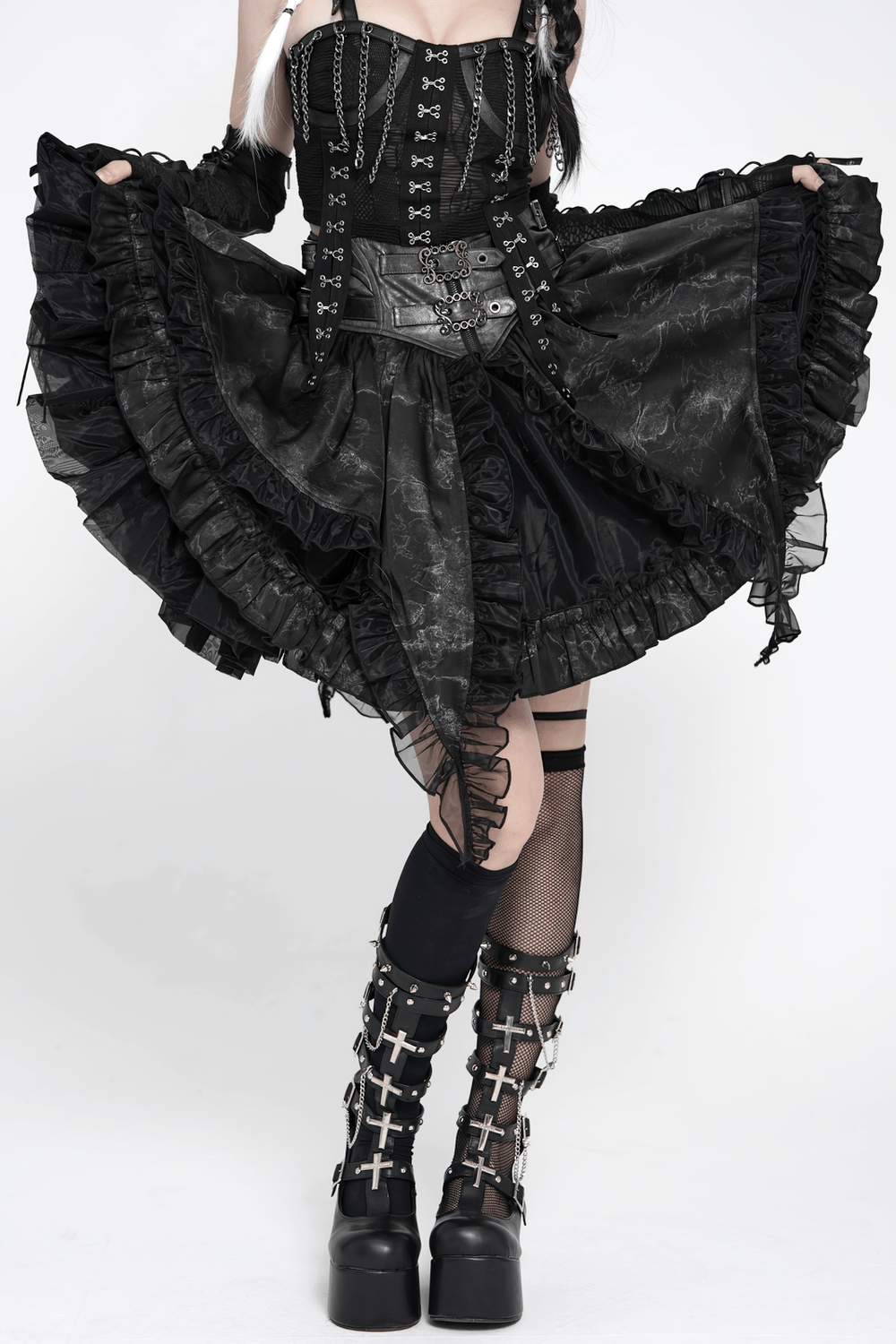 Black Gothic Corset Ruffle Mini Skirt with Chains in layered punk style, featuring ruffles and lace-up detail.