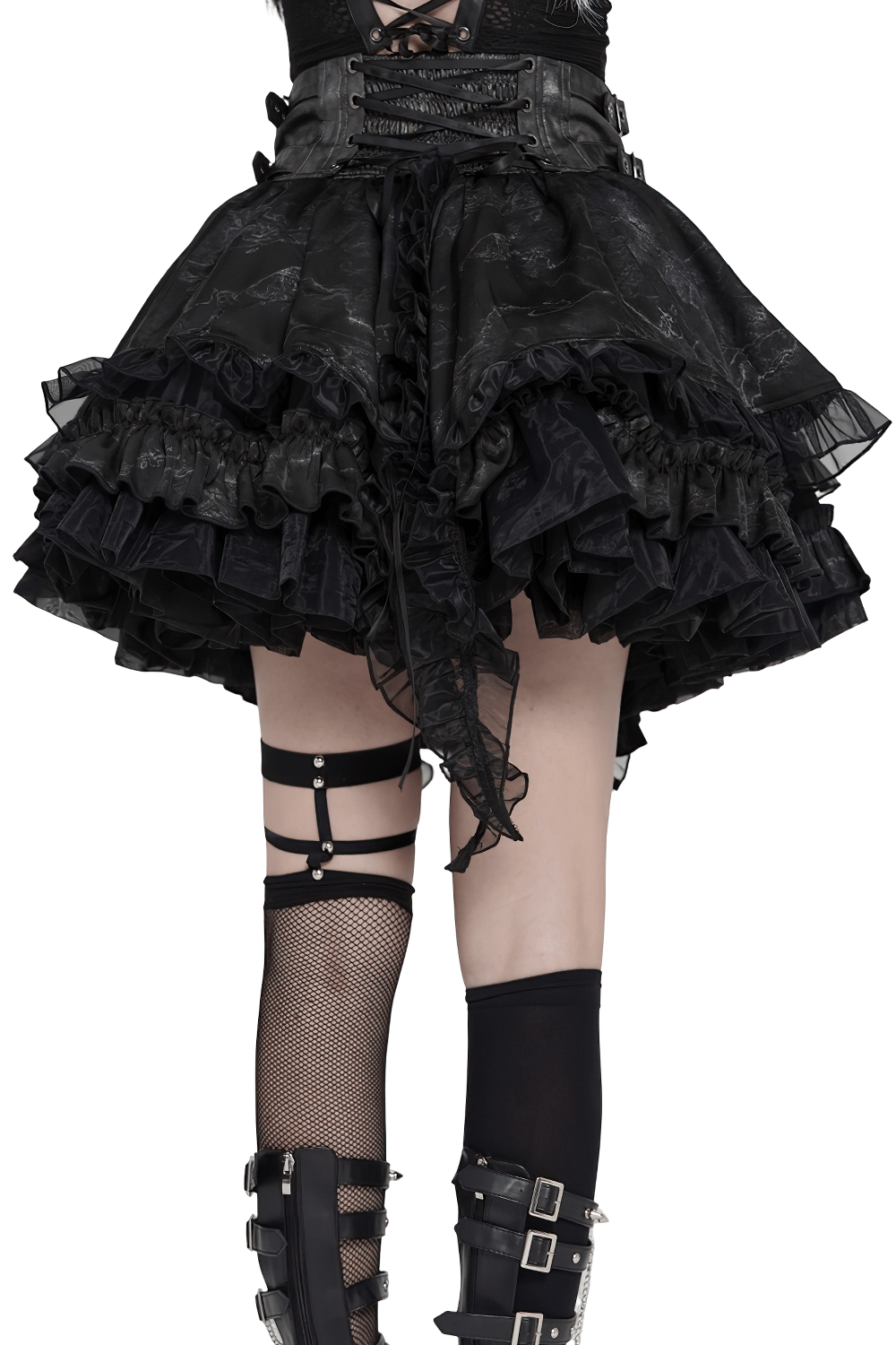 Black Gothic Corset Ruffle Mini Skirt with Chains showcasing layered ruffles and lace-up waist detail.